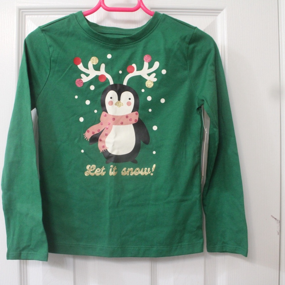 Christmas Kids XS (4-5) Holiday Green Penguin Long Sleeve Tee